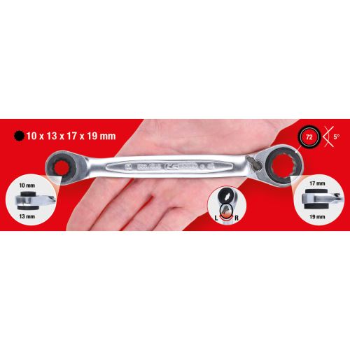Bez obalu - Ráčnový, dvojitý očkový klíč GEARplus 4 v 1, s přepínáním, 10x13x17x19 mm (569570)
