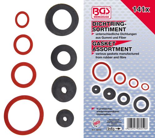 Těsnící kroužky - guma, fiber a klingerit, sada 141 dílů, PVC kazeta - BGS 8059