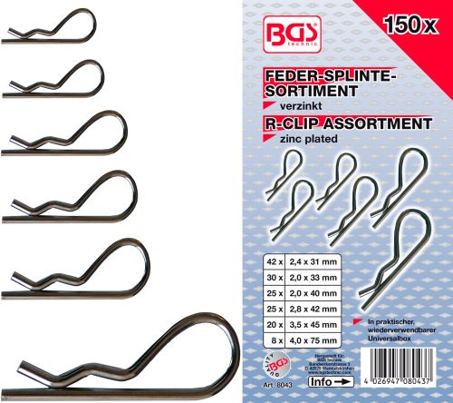 Pružinová závlačka, sada 150 dílů, PVC kazeta - BGS 8043