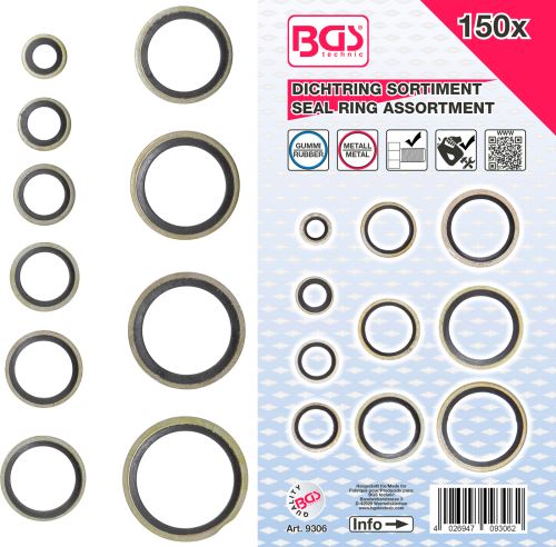 Kroužky těsnící, kov, s gumovou těsnicí manžetou, 150dílná sada - BGS 9306