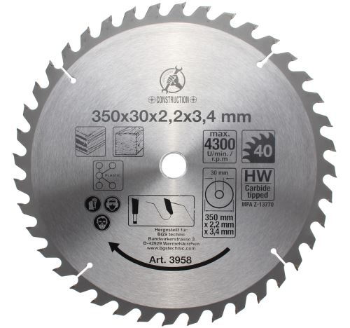 Kotouč pilový ze slinutého karbidu, O 350 x 30 x 3.4 mm, 40 zubů - BGS 3958