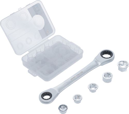 Ráčnový očkový klíč se sadou adaptérů, 8–19 mm, 6dílná – BGS 71016
