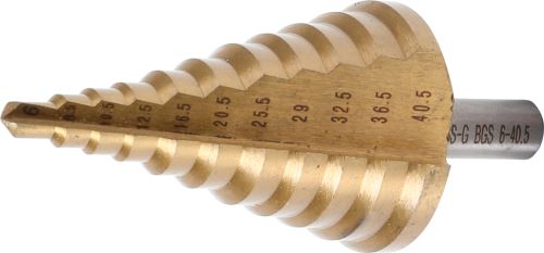 Vrták kónický HSS, průměr 6,0 - 40,5 mm, stupňovitý, potitanovaný - BGS 1615