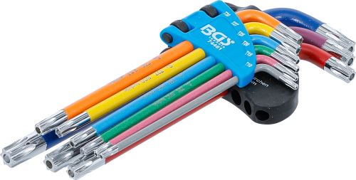 Sada zahnutých klíčů,  vícebarevné,  T-profil (pro Torx) s otvorem T10 - T50,  9dílná BS74